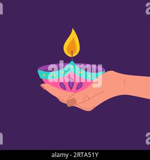 Lampada Diwali Diya. Mano femminile che tiene una candela accesa. Icona del festival indiano delle luci. Simbolo deepavali colorato su sfondo viola. Vettore Illustrazione Vettoriale