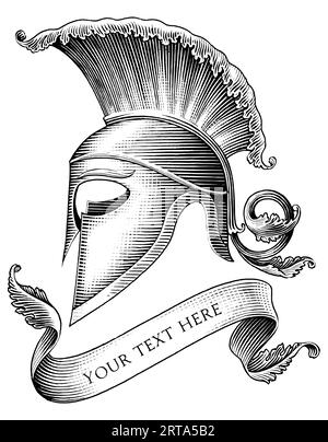 Casco da soldato romano con banner disegna a mano incisione vintage in stile clip art bianco e nero Illustrazione Vettoriale