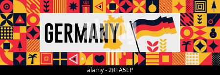 Banner DELLA giornata nazionale DELLA GERMANIA con mappa, colori della bandiera sfondo a tema e design geometrico astratto retrò moderno e colorato con mani o pugni alzati. Illustrazione Vettoriale