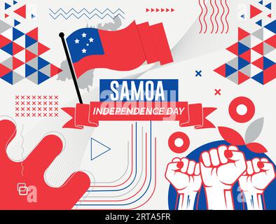 Banner SAMOA National Day con mappa, colori bandiera sfondo a tema e design geometrico astratto retrò moderno e colorato con mani o pugni sollevati. Illustrazione Vettoriale