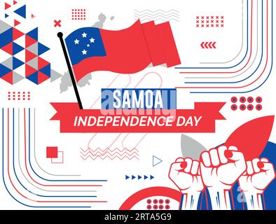 Banner SAMOA National Day con mappa, colori bandiera sfondo a tema e design geometrico astratto retrò moderno e colorato con mani o pugni sollevati. Illustrazione Vettoriale