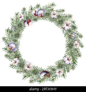 Una corona di rami di abete, cotone. Illustrazione acquerello. Natale e Capodanno. Foto Stock