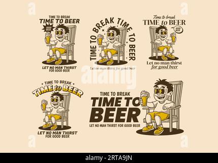 Tempo di pausa per bere una birra, un uomo si siede sulla sedia e regge un bicchiere di birra, illustrazione in stile vintage Illustrazione Vettoriale