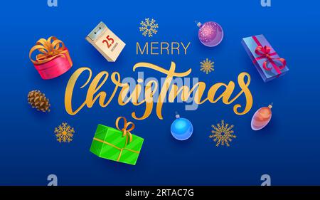 Banner di buon natale. Biglietto d'auguri vettoriale con fiocchi di neve dorati, bauble, scatole regalo, cono di pino e calendario su sfondo a righe blu. Lettering dorato con decorazioni natalizie e regali natalizi Illustrazione Vettoriale