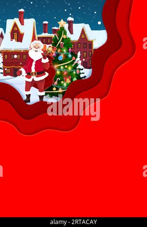 Biglietto d'auguri tagliato di carta natalizia con Babbo Natale nella città invernale. Poster vettoriale, copertina o modello di biglietto d'auguri con effetto a strati 3D. Striscione verticale rosso bianco con divertenti regali di Father Noel Carry Illustrazione Vettoriale
