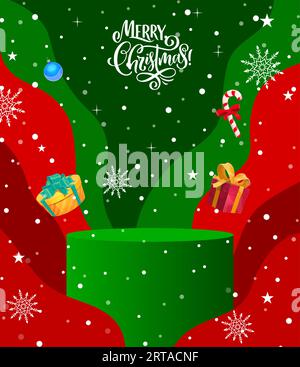 Podio natalizio, sfondo vettoriale con piedistallo a cilindro 3d o piattaforma per le vendite natalizie invernali. Scendi con regali, scendi nei colori rosso e verde festivi per la presentazione dei prodotti per le vacanze Illustrazione Vettoriale