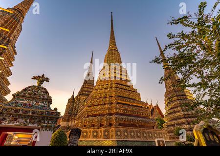 Chedis al Tempio buddista di Wat Pho al tramonto, Bangkok, Thailandia, Asia Foto Stock