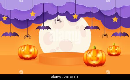 Striscione di buon Halloween o invito a una festa con nuvole, pipistrelli, luna, zucche e ragni in stile tagliato a carta. Podio 3d arancione per halloween. Illustrazione Vettoriale