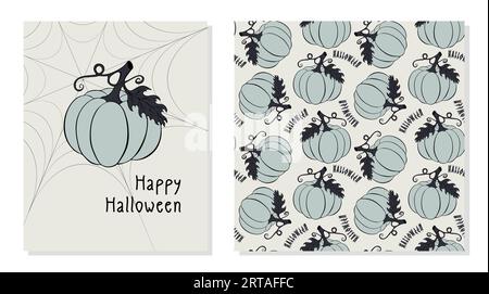 Set di Halloween poster Happy Halloween con zucca disegnata a mano e motivo con zucche grigie e scritte. Illustrazione vettoriale Illustrazione Vettoriale