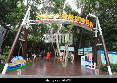 Città di Sanya, Cina - 1 aprile 2019: I turisti giocano all'ingresso del cavalletto di vetro con vista sul mare, città di Sanya, provincia di Hainan, Cina Foto Stock