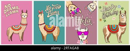 Set di modelli di carte con graziosi alpaca di lama. Illustrazione Vettoriale