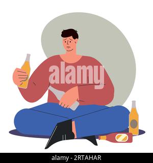 Illustrazione vettoriale del problema di alcolismo. Uomo con abuso di sostanze, alcolizzato, caratteri piatti su sfondo piatto. Brutta abitudine scena colorata Illustrazione Vettoriale