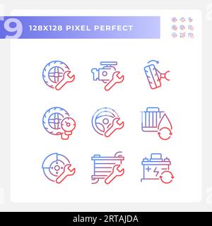Confezione di icone di riparazione e manutenzione per auto con gradiente perfetto pixel Illustrazione Vettoriale