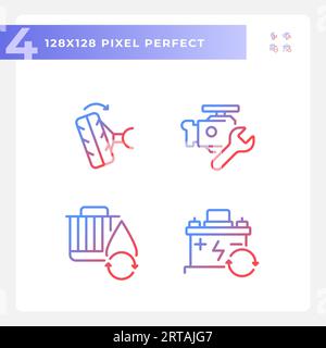 Icone di manutenzione e riparazione auto con gradiente perfetto in pixel 2D. Illustrazione Vettoriale