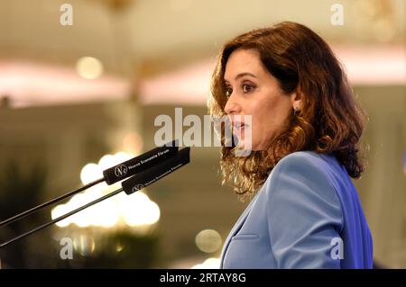 12 settembre 2023, MADRID, MADRID, SPAGNA: L'Europe Forum organizzato dal New Economy Forum si è tenuto presso il Ritz Hotel di Madrid con Isabel Diaz Ayuso presentando il direttore della camera di commercio di Madrid Angel Asensio. (Immagine di credito: © Richard Zubelzu/ZUMA Press Wire) SOLO USO EDITORIALE! Non per USO commerciale! Foto Stock