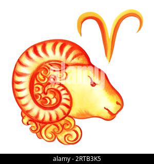 Aries. Segno di Zodiaco per oroscopo. L'acquerello è disegnato a mano. Illustrazione artistica a colori. Isolare. Per le previsioni astrologiche, i calendari Foto Stock