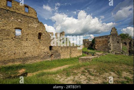 Rovine del castello di Rheinfels: Mura di scudo e edificio di Darmstadt, St Goar, alta Valle del Medio Reno, Renania-Palatinato, Germania Foto Stock