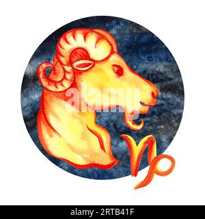 Capricorno. Segno di Zodiaco per oroscopo. L'acquerello è disegnato a mano. Illustrazione artistica a colori. Su uno sfondo rotondo blu scuro. Per astro Foto Stock