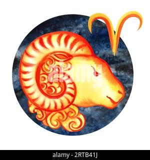 Aries. Segno di Zodiaco per oroscopo. L'acquerello è disegnato a mano. Illustrazione artistica a colori. Su uno sfondo rotondo blu scuro. Per astrologi Foto Stock