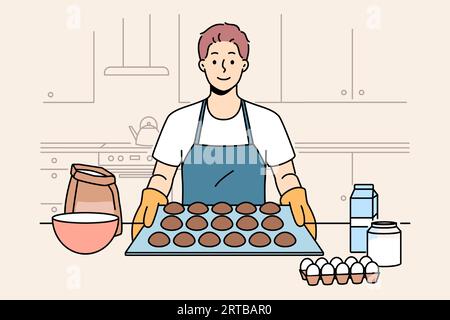Man baker prepara biscotti di farina d'avena o pan di zenzero mentre si trova vicino al tavolo della cucina con gli ingredienti. Baker Guy vestito con grembiule e guanti dimostra con orgoglio che il dessert è pronto per la cottura. Illustrazione Vettoriale