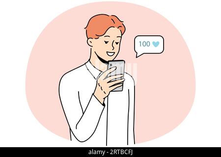 Sorridente giovane uomo utilizzando il cellulare raccogliere mi piace sui social media. Felice maschio guardare lo schermo del telefono cellulare ottenere il riconoscimento dagli abbonati. Illustrazione vettoriale. Illustrazione Vettoriale