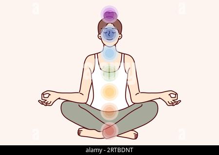 La donna meditatrice siede in posizione di loto e fa yoga, sentendo cambiamenti nell'aura e un'ondata di vitalità. La ragazza utilizza pratiche yoga per aprire sette chakra che influenzano la salute e lo stato psicologico Illustrazione Vettoriale