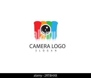 Modello vettoriale di design del logo della fotocamera. Concetto di progettazione di logo per foto e video. Pennello colorato logo obiettivo fotocamera vettoriale e modificabile Illustrazione Vettoriale