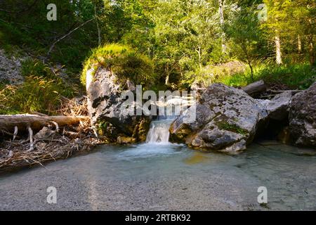 Una piccola cascata che scorre in uno stagno passando davanti a grandi rocce nelle montagne del Karavanke, Slovenia Foto Stock