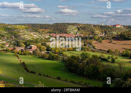 Vista dal villaggio del vino di Zscheiplitz alla storica città vinicola di Friburgo/Unstrut con Neuenburg, Burgenlandkreis, Sassonia-Anhalt, Germania Foto Stock