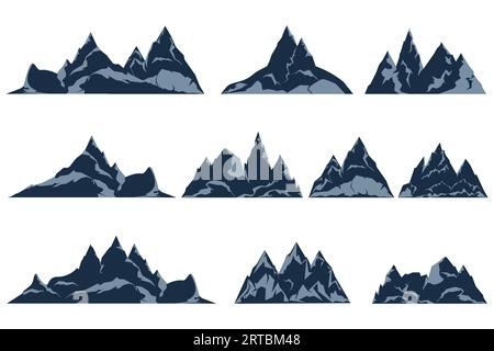 Set vettoriale Rock Mountains. Vette rocciose di montagna di forme diverse sagome piatte dei cartoni animati Illustrazione Vettoriale