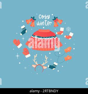 tieniti al caldo, vestiti, accessori calzini invernali, maglie, cappello. Illustrazione vettoriale Illustrazione Vettoriale