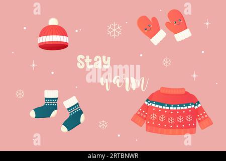 tieniti al caldo, vestiti, accessori calzini invernali, maglie, cappello. Illustrazione vettoriale Illustrazione Vettoriale