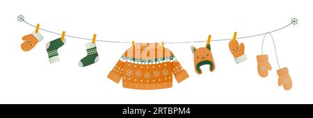 tieniti al caldo, vestiti, accessori calzini invernali, maglie, cappello. Illustrazione vettoriale Illustrazione Vettoriale