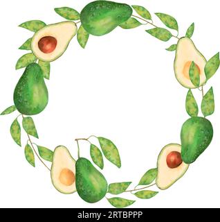 Cornice, corona di avocado con foglie. Giornata Mondiale vegetariana. Composizione di frutta rotonda. Elegante illustrazione floreale per il design. Marcatori e acquerello. Fatti a mano Illustrazione Vettoriale