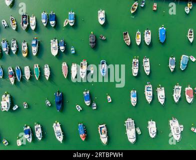 Top Down Over Boats in Marine da un drone, Lyme Regis, Jurassic Coast, Dorset, Inghilterra, Europa Foto Stock