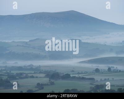 Vista da Stiperstones, una cresta rocciosa di quarzite nel South Shropshire, Inghilterra. Foto Stock