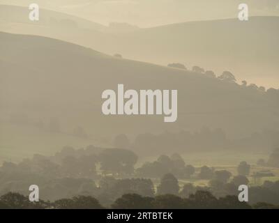 Vista da Stiperstones, una cresta rocciosa di quarzite nel South Shropshire, Inghilterra. Foto Stock