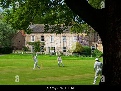 Partita di cricket in corso nel villaggio di Crakehall, North Yorkshire, Inghilterra Regno Unito Foto Stock