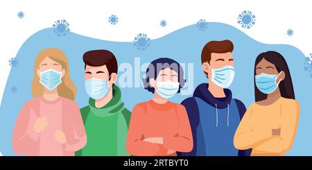 Gruppo di persone che indossa maschere mediche per prevenire malattie, influenza, covid in stile piatto Illustrazione Vettoriale