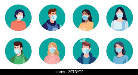La gente avatar in maschere mediche. Design piatto. Set di facce in maschere mediche. Illustrazione Vettoriale