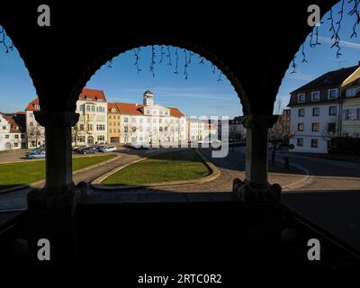 Gewandhaus e Roßmarkt a Zeitz, Burgenlandkreis, Sassonia-Anhalt, Germania Foto Stock