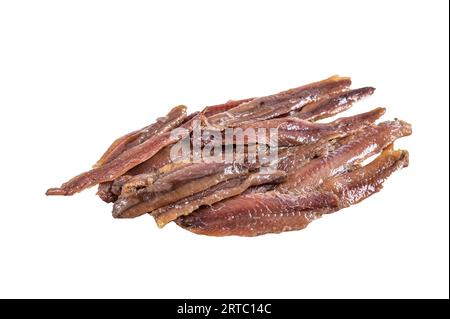 Filetto di pesce di acciughe in scatola con olio d'oliva. Isolamento di alta qualità, sfondo bianco Foto Stock