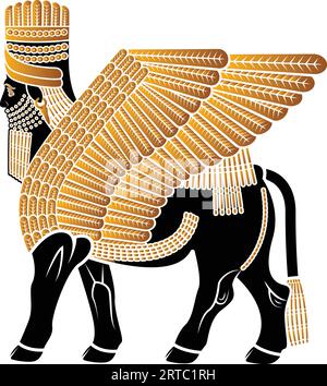 Lamassu antica testa umana mesopotamica e corpo di toro Illustrazione Vettoriale