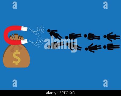 Sacca con un simbolo di dollaro su di esso con un magnete che attrae la gente Illustrazione Vettoriale