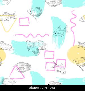 Motivo vettoriale senza cuciture composto da pesci tropicali disegnati su uno sfondo astratto colorato, illustrazioni continue disegnate a mano Illustrazione Vettoriale