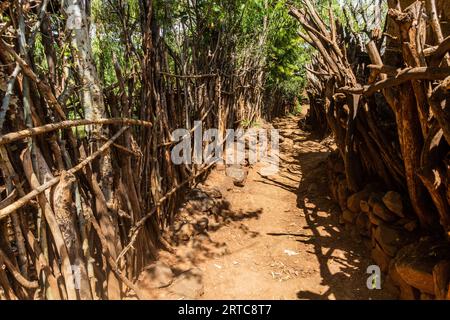 Strada in un tradizionale villaggio di Konso, Etiopia Foto Stock