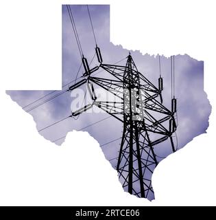 Schema della mappa del Texas con l'albero della linea di alimentazione in background quando i prezzi dell'elettricità aumentano in modo significativo Foto Stock