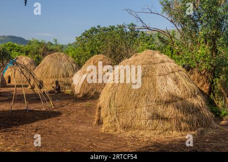 OMO VALLEY, ETIOPIA - 6 FEBBRAIO 2020: Villaggio della tribù Mursi, Etiopia Foto Stock