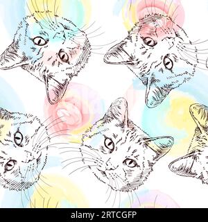 Pattern vettoriale senza cuciture con schizzo della testa del gatto sullo sfondo di macchie ad acquerello Illustrazione Vettoriale