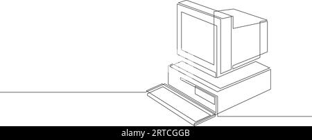 Disegno continuo a una linea del personal computer retrò. cpu vintage con monitor analogico e tastiera tracciata da una linea singola. Illustrazione vettoriale Illustrazione Vettoriale